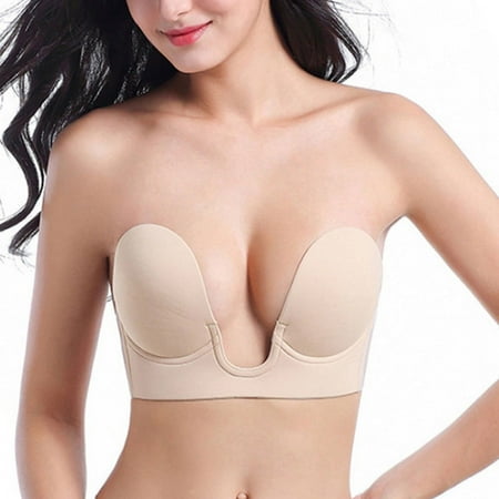 Adhesive Bra Backless Soft Breathable Deep U Shape Push Up Strapless Stick Bra for Wedding Dress U Cup Skin Color D