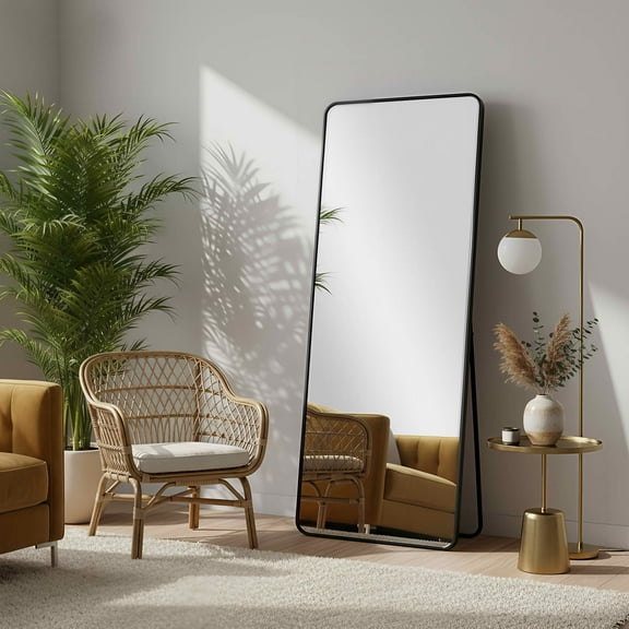 MAYEERTY 71"x32" Aluminum Rounded Corner Full-Length Mirror, Tempered Glass With Stand, Black