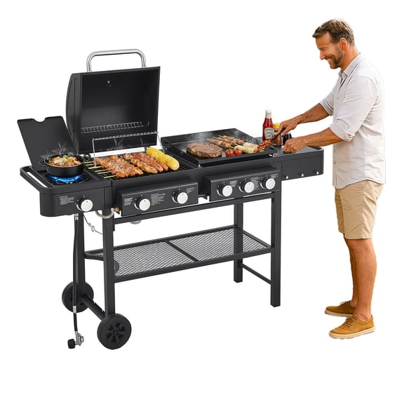 3-in-1 Gas Grill & Griddle Combo, 6-Burner Outdoor BBQ Grill, with Side Burner, 56000 BTU Output, 745 sq.in Cooking Area, Easy Clean & Portable Grill for Patio Party