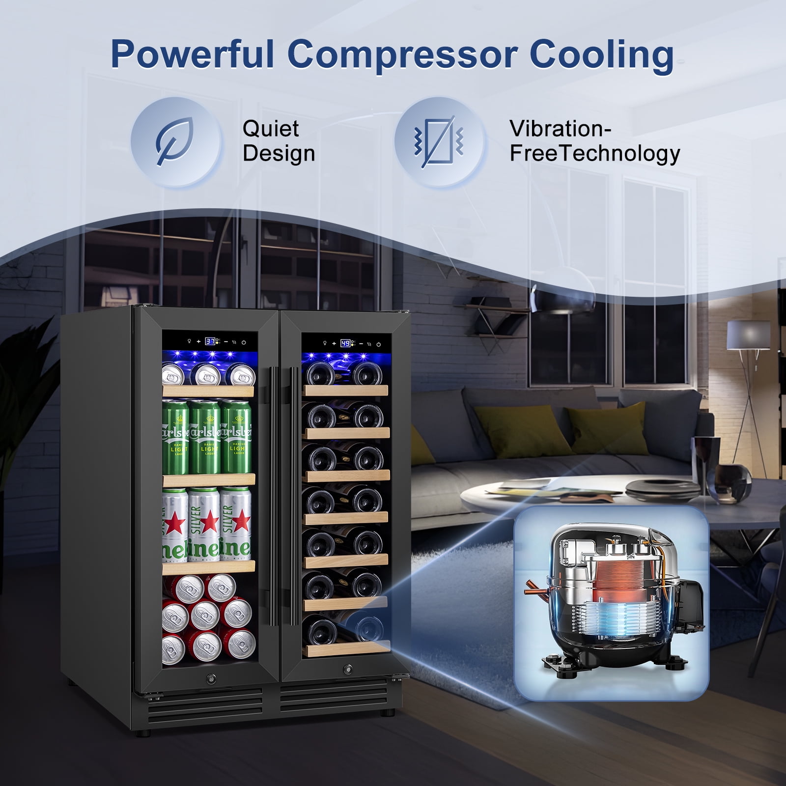 Nipus 24 inch Wine and Beverage Refrigerator,Dual Zone,Built-in Undercounter, 21 Bottles and 60 Cans,Black