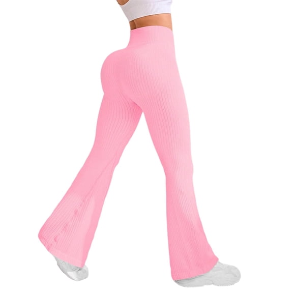 Arlun High Waisted Ribbing Knit Flared Yoga Pants for Booty Lifting Workout Wide Leg Casual Stretch Comfort Athletic Trousers Lightweight Soft Solid Color Sweat Pants Pink L
