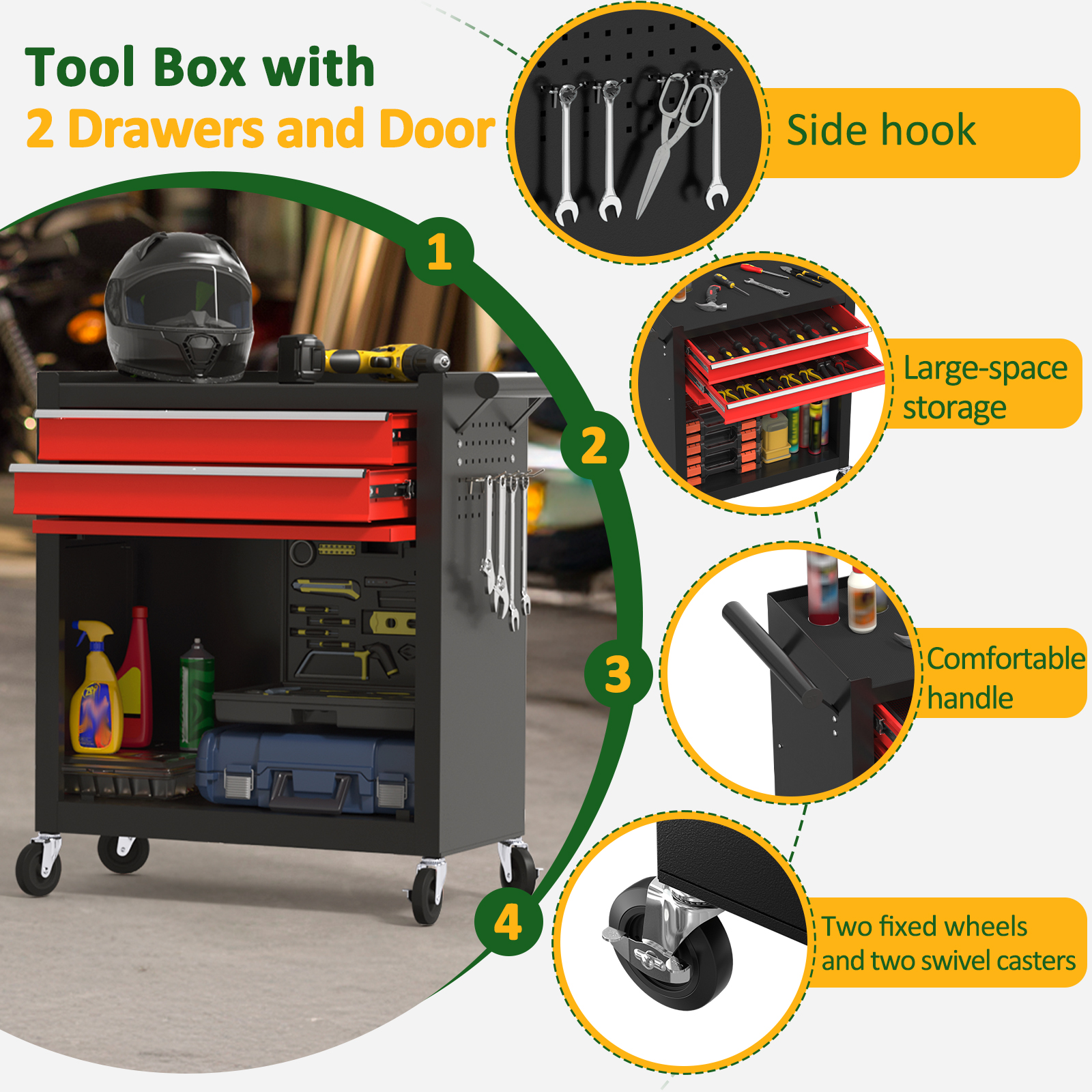 Odaof 8 Drawer Mechanic Tool Chest with Wheels Heavy Duty Rolling Tool Box Cabinet with Riser Sliding Drawers Keyed Locking System Top Detachable Toolbox Organizer for Workshop-Black&Red