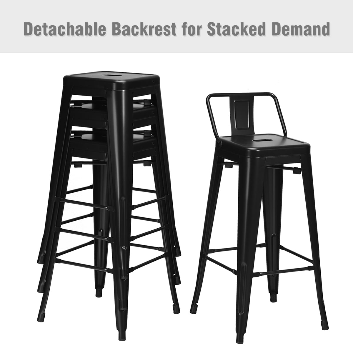 Set of 4 Metal Bar Stools 30'' Bar Height Barstools Industrial w/ Low Back Black