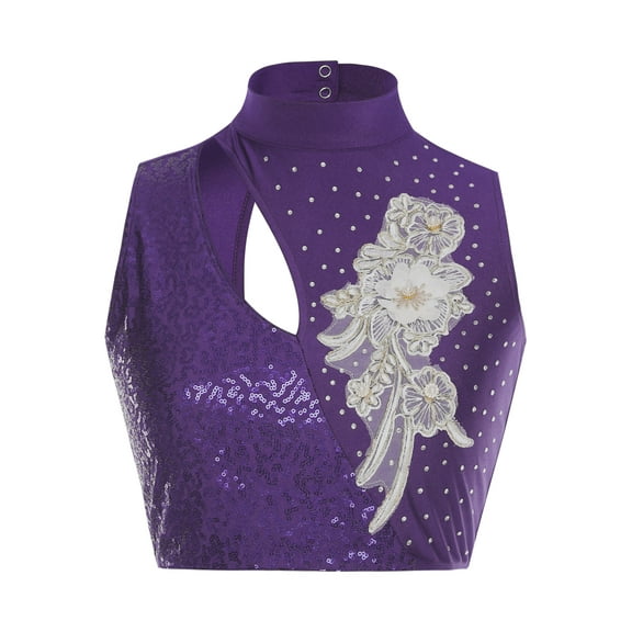 Doomiva Women Lyrical Dance Tops Sparkly Sequins Crop Top Modern Contemporary Ballet Dancewear Purple XL