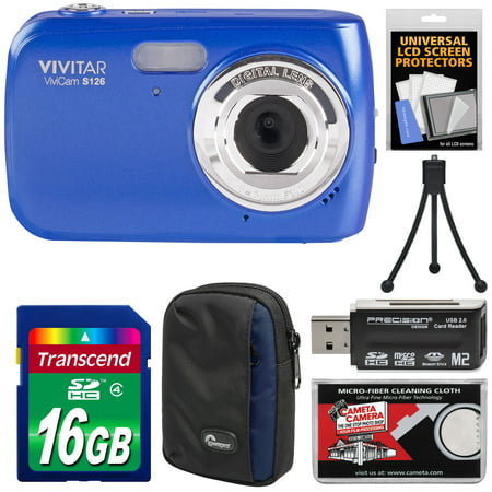 Vivitar ViviCam S126 Digital Camera (Blue) with 16GB Card + Case + Mini Tripod + Reader +