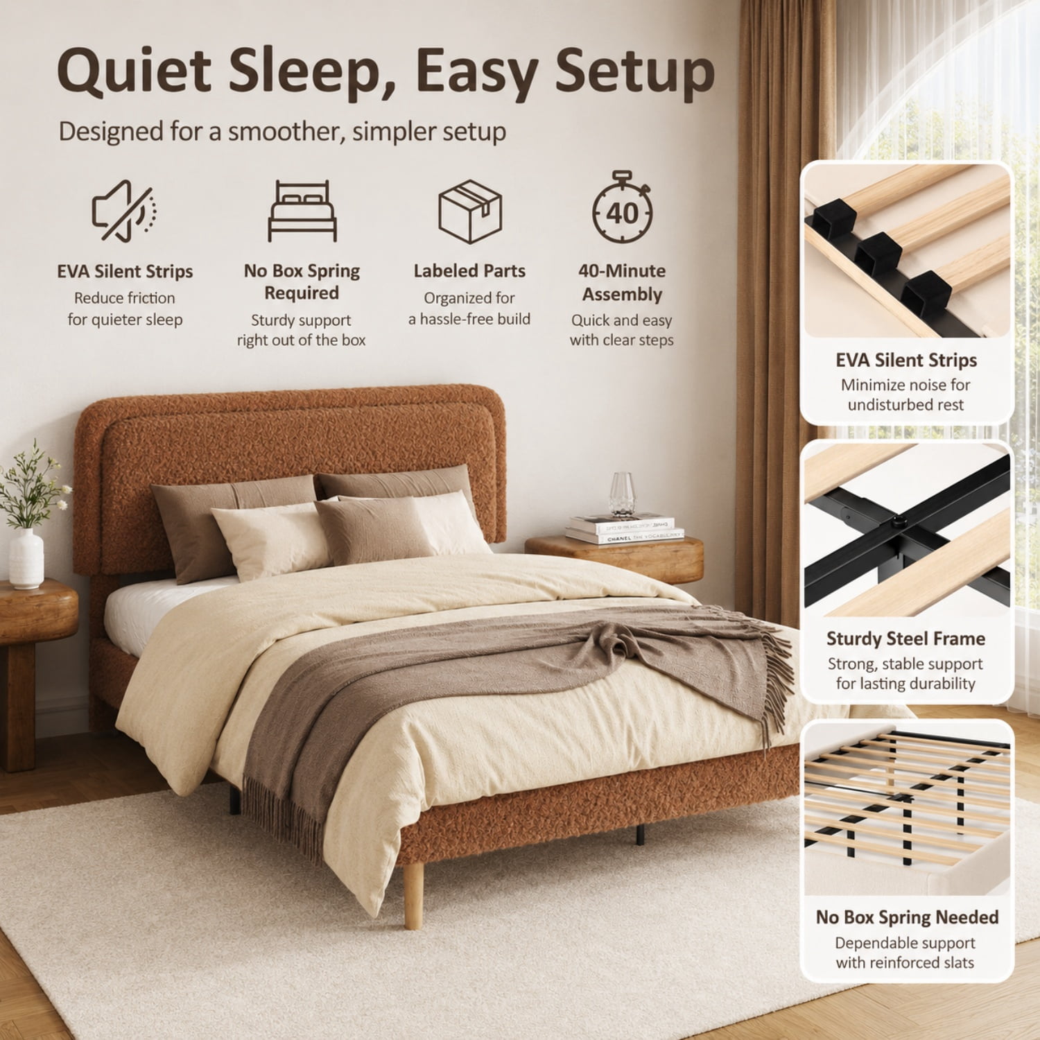 Miniyam Full Size Boucle Upholstered Platform Bed Frame with Adjustable Headboard and Wood Slat Support, Brown
