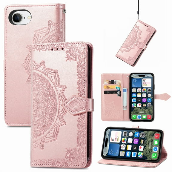 Allytechgroup for iPhone 16e Wallet Case, Luxury PU Leather with Embossed Pattern, Magnetic Clasp Kickstand Card Cash Slots Shockproof Slim Flip Case with Hand Strap for Women Men, Rosegold