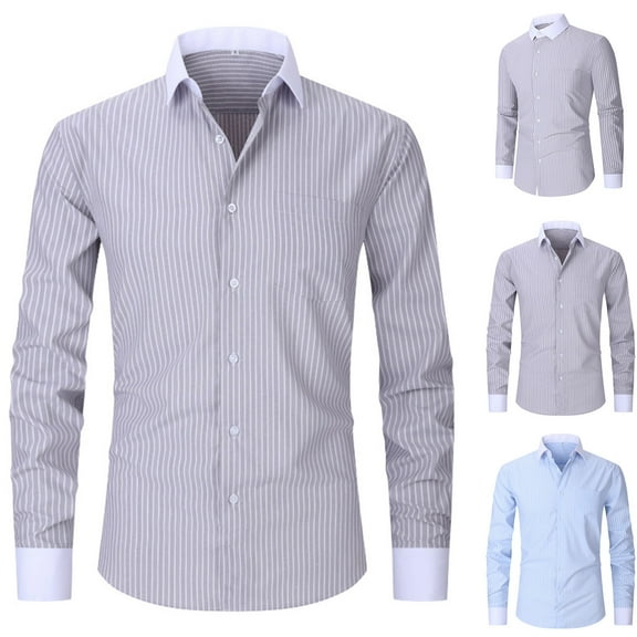 UVEASISHA Mens Striped Button Down Shirts French Cuff Long Sleeve Dress Shirt Stretch Wrinkle Free Business Casual Shirts Slim Fit Formal Shirt Gray XL