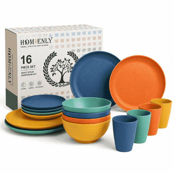 Homienly 16PCS Wheat Straw Dishes Set for 4, Reusable Plastic Plate & Bowl Set with Cups, Lightweight Unbreakable Durable Dinnerware, Microwave & Dishwasher Safe, Stackable Dorm,Camping,Multi