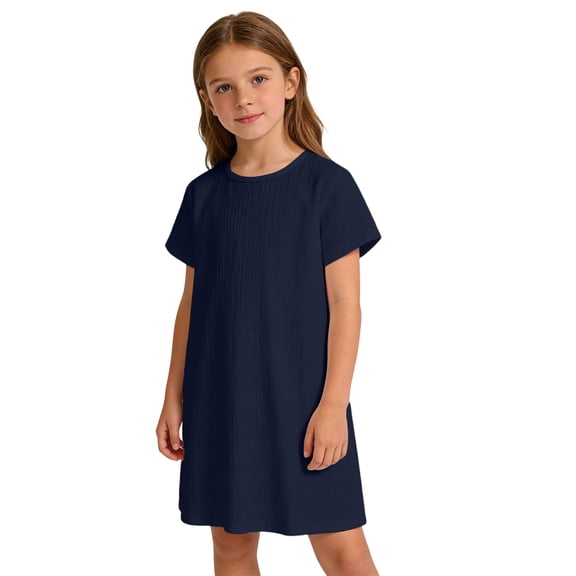 CCRFTGI Linen Summer Dress for Child Girls Size 7 Casual Short Sleeve 2026 A Line Skater Dress Loose Fit Holiday Girls Clothes Fashion Dresses Navy 3-4 Years