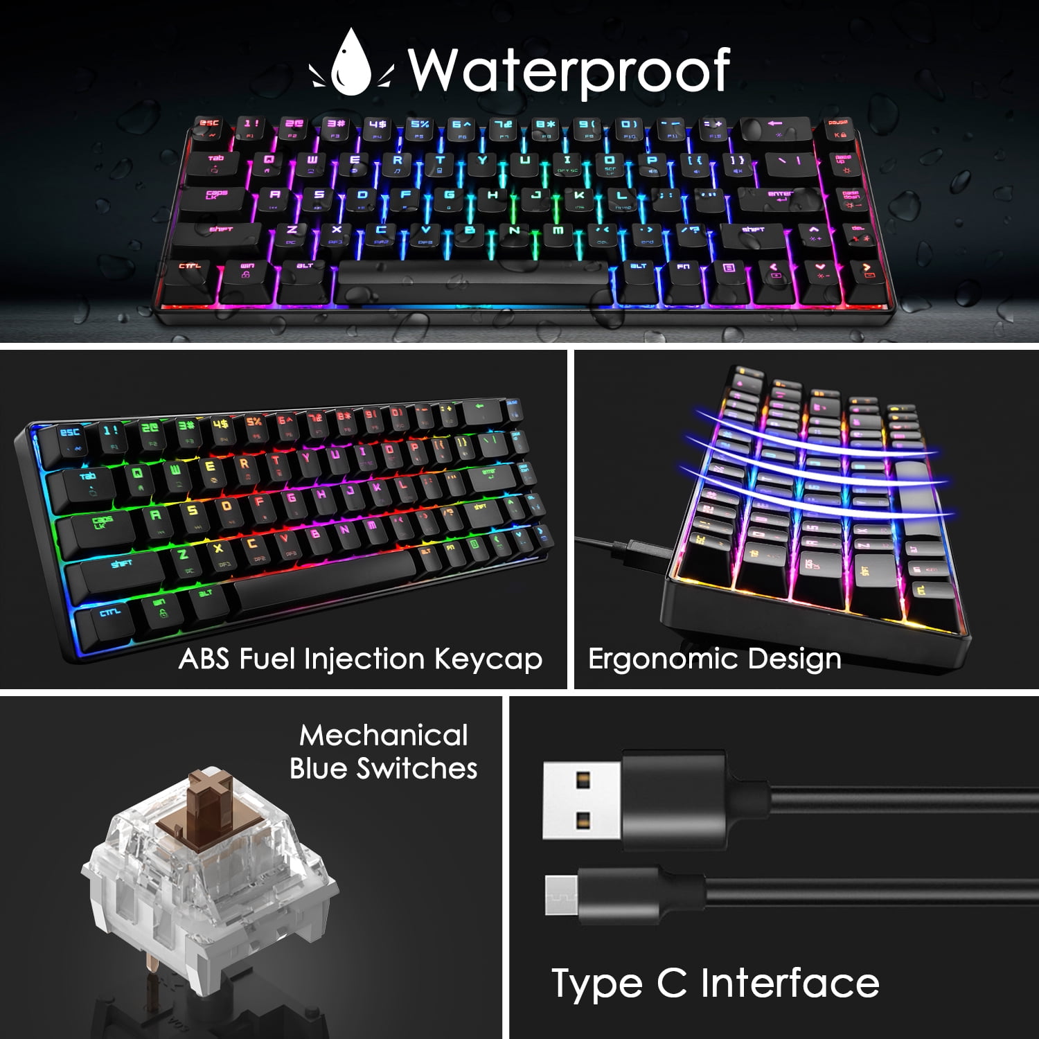 60% Mechanical Gaming Keyboard Brown Switch Mini 68 Keys Wired Type C 18 Backlit Effects,Lightweight RGB 6400DPI Honeycomb Optical Mouse,Gaming Mouse Pad for Gamers and Typists (Black)