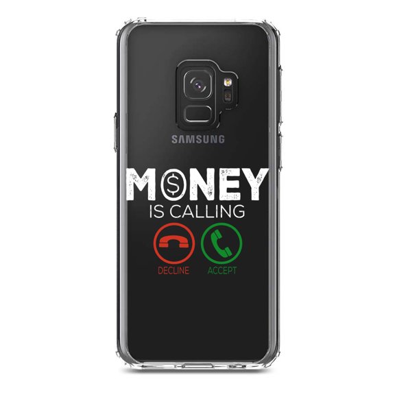DistinctInk Clear Shockproof Hybrid Case for Samsung Galaxy S9 (5.8" Screen) - TPU Bumper Acrylic Back Tempered Glass Screen Protector - Money Is Calling Decline or Accept