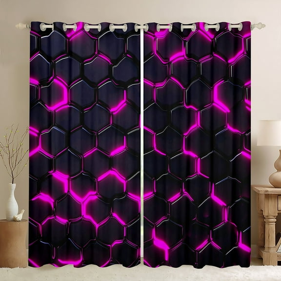 Manfei Neon Pink Honeycomb Blackout Curtains Set of 2 (52x84 Each), Abstract Geometric Window Curtains, Teens Boys Girls Kids Curtains and Drapes, Curtains and Drapes Home Decor