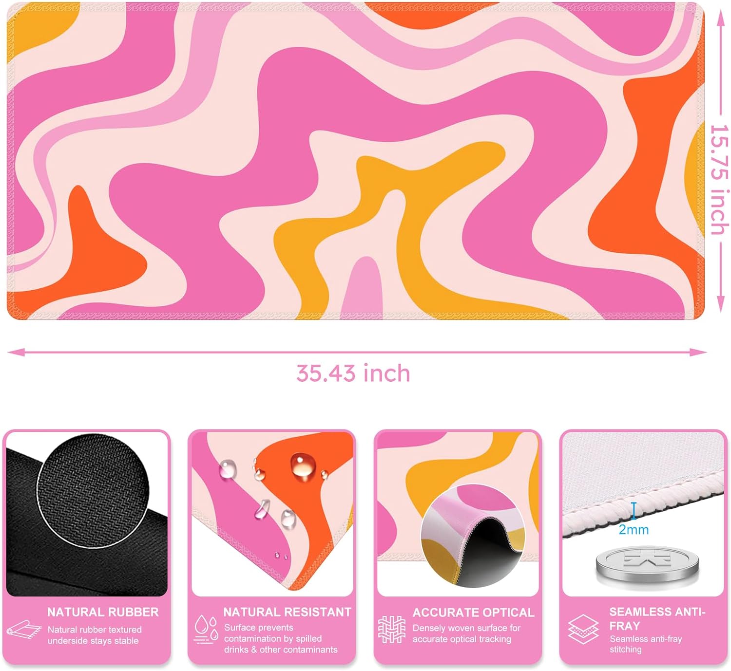 Large Mouse Pad (35.4x15.7 in), Desk Mat Gaming Mousepad with Stitched Edges, Keyboard Mouse Mat Desk Pad for Work, Game, Office, Home-Pink Topographic
