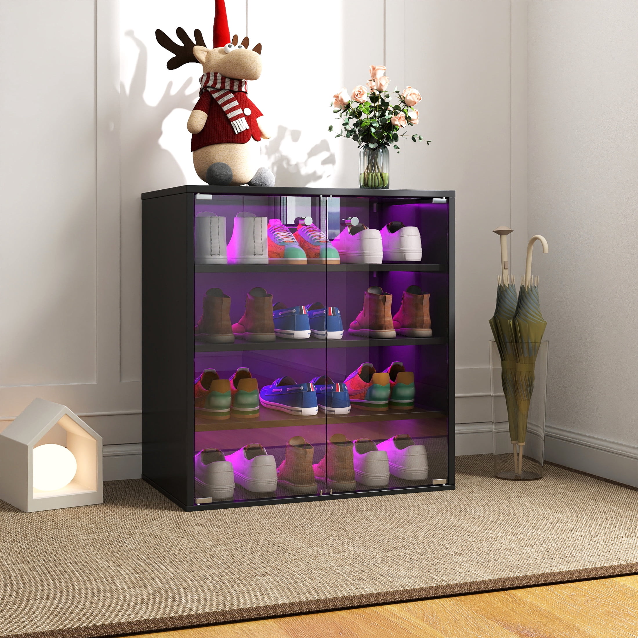 Noble House Kael 23.6" 4-Tier Stackable Shoe Display Cabinet, Tempered Glass Door, RGB LED with Remote, Black