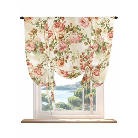 Pink Rose Fall Tie Up Curtains for Windows 45 Inch Length Balloon Curtains Kitchen Adjustable Balloon Window Shade Thanksgiving Vintage Pastoral Floral Tie Up Valance Bathroom Curtain Window 34"x45"