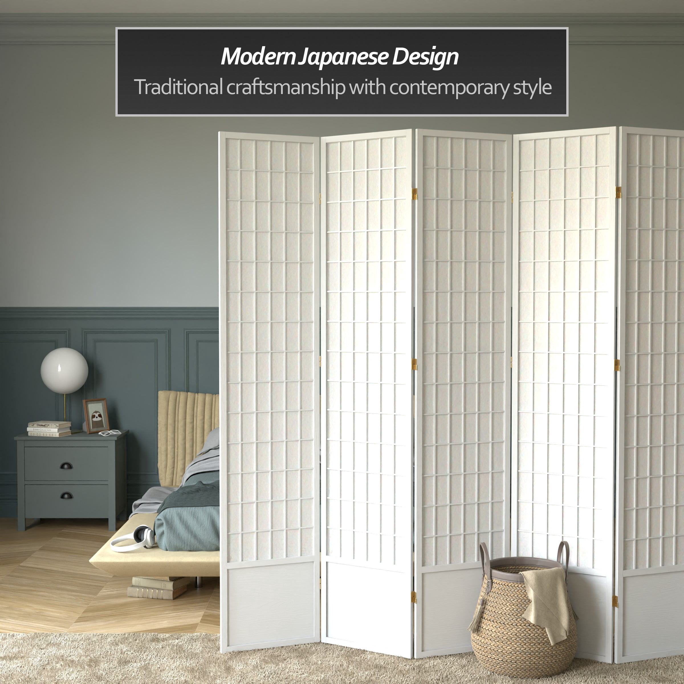 Red Lantern 7 ft. Tall Window Pane Shoji Screen - White - 8 Panels