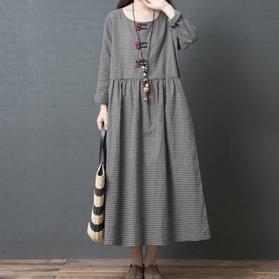 Gamivast Casual Dresses for Women Long Sleeve Round Neck Gingham Plaid Midi Dress Loose Fit Pleated Tunic Dress Retro Vintage Daily Home Loungewear