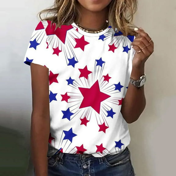 VKOYWKM American Flag Shirt for Women 4th of July Patriotic T Shirts Star Stripe Graphic Tees Short Sleeve Crew Neck Red White and Blue Tshirt Shirts