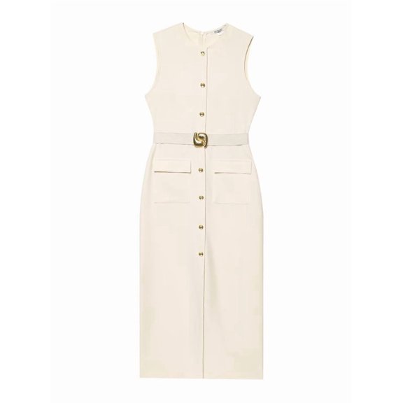 Work Dresses for Women 2025 Business Formal Long Dress Sleeveless Button Down Elegant Office Outfits with Belt Beige XS