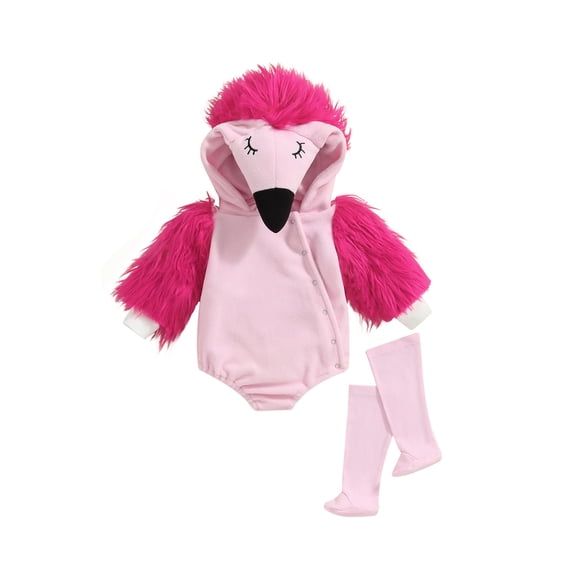 Cjfdfy Toddler Baby Boy Girl Flamingo Costume Kids Infant Halloween Animal Costume Fall Winter Clothes Fur Long Sleeve Hooded Zipper Closure Romper with Leg Warmers Set Halloween Cosplay Outfits