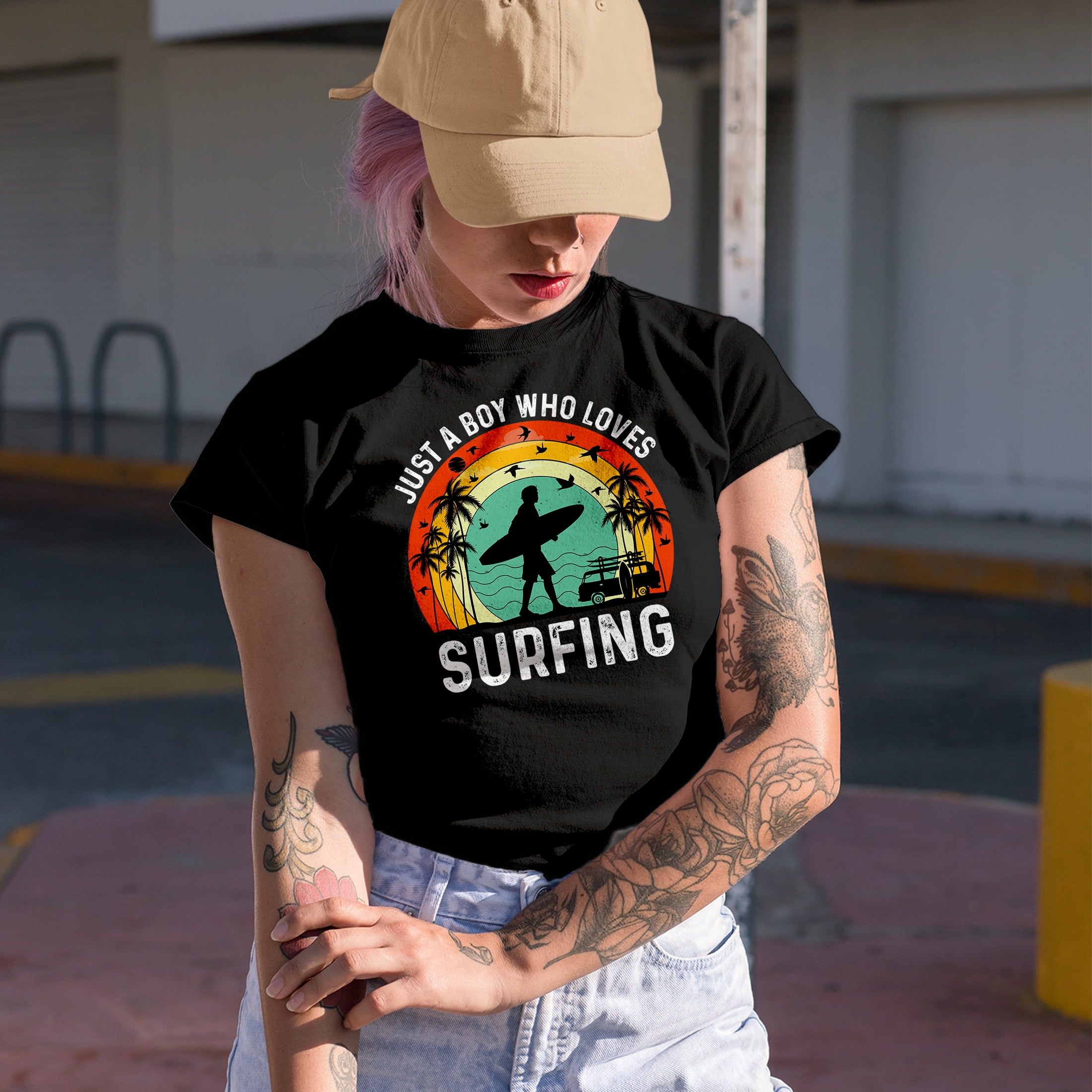 Retro Just a Boy Who Love Surfing - Surfer or Surf Enthusiast Quote, Black T-Shirt, Small