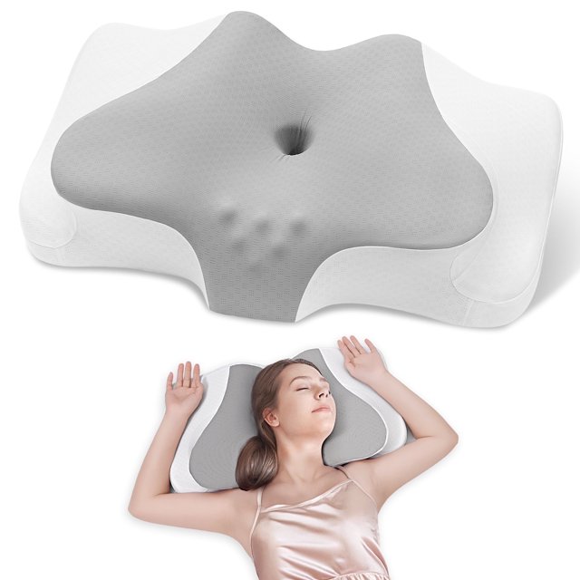 woroao almohada cervical para aliviar el dolor de cuello, almohada queen de memory foam gris contorneada con doble altura por lado, ranuras para brazos y funda de malla transpirable extraíble; vista aislada y uso en persona recostada, también adecuada como soporte ligero para leer en la cama.
