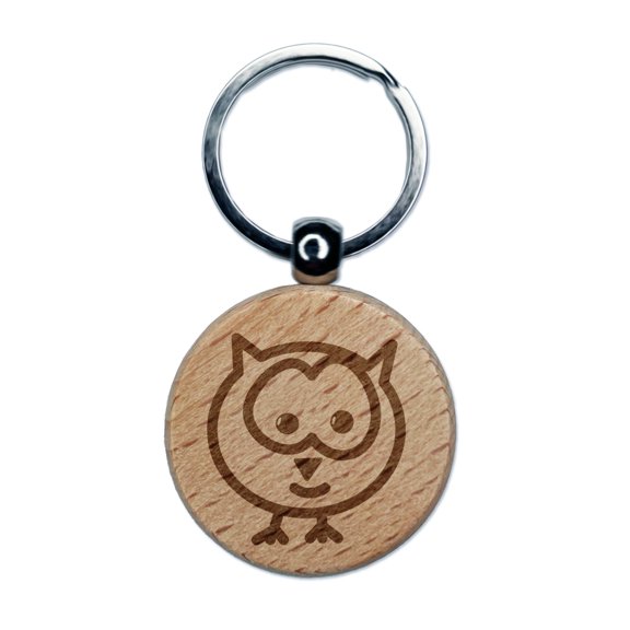 Owl Doodle Round Keychain Charm Tag - Engraved Wood