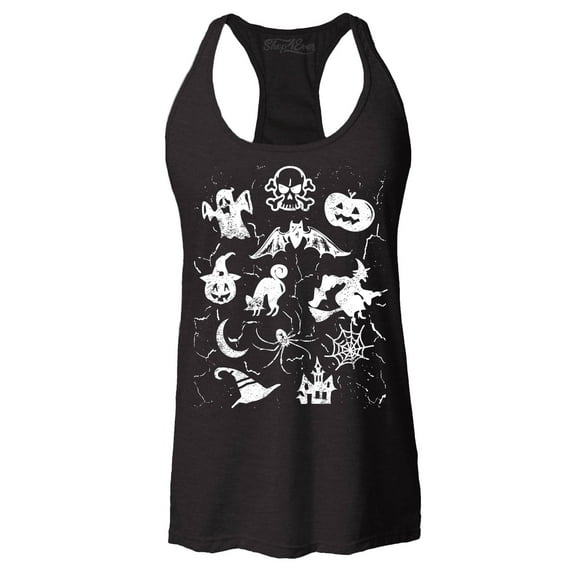 Shop4Ever Women's Halloween Mash Witch Skull Pumpkin Ghost Cat Racerback Tank Top Medium Black