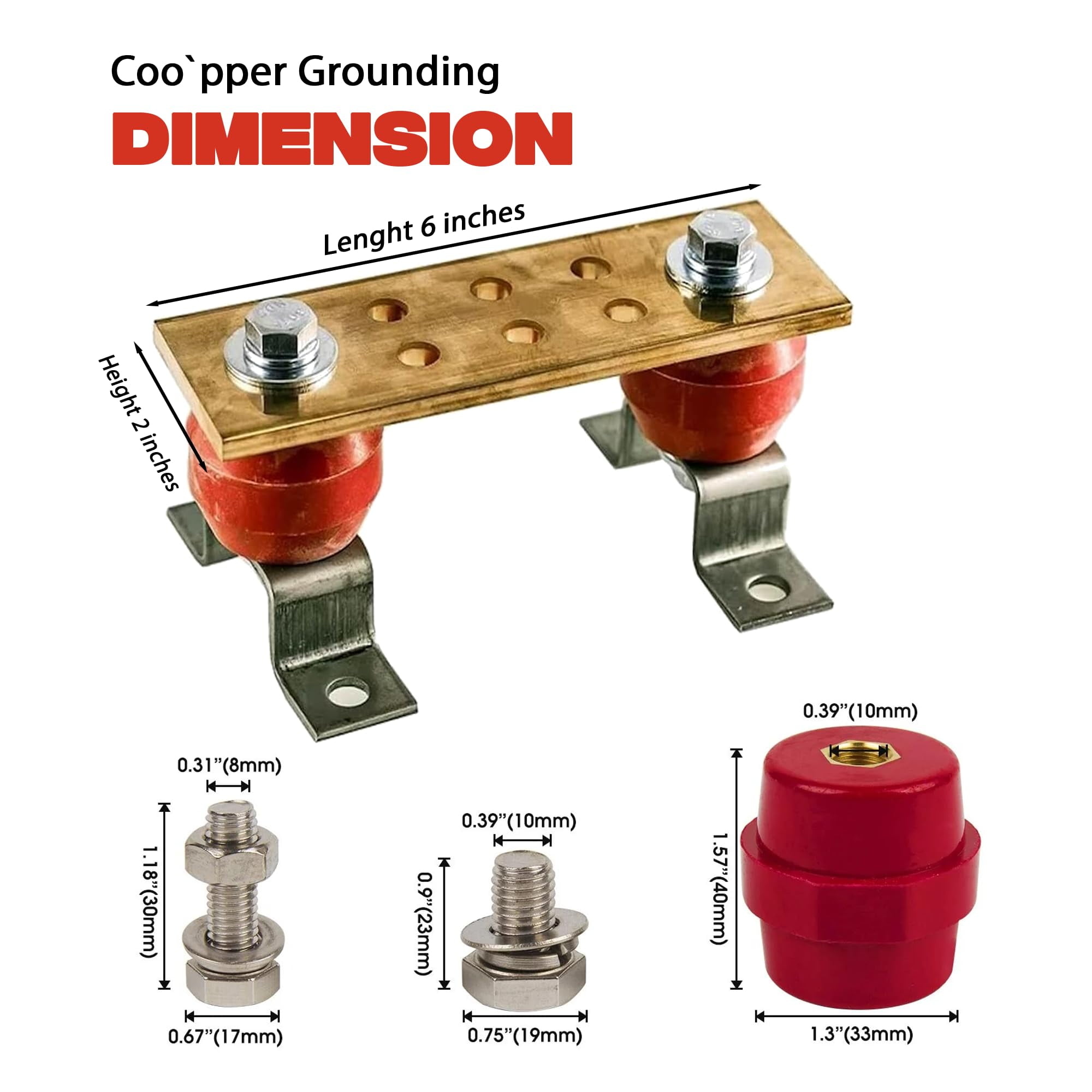 DMNI Copper Bus Bar - 6" Ground Bar - Grounding Terminal  - Copper Ground Bus 2.5kV Insulators
