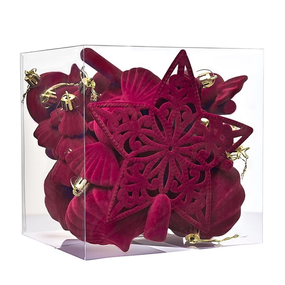 24PCS Velvet Christmas Tree Ornaments Set, Wine Red Flocked Hanging Christmas Balls Ornaments, Shatterproof Decorative Hanging Balls Decorations Assortment for Xmas Tree Holiday Home Party Decor