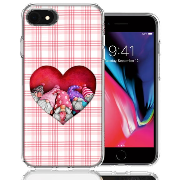 MUNDAZE for Apple iPhone 6/7/8/SE Valentine's Day Garden Gnomes Heart Love Pink Plaid Double Layer Phone Case Cover