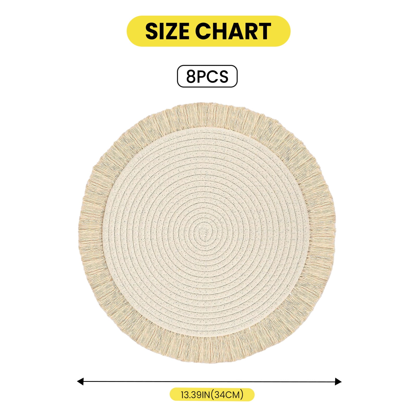 Garvee 8 Pack Boho Round Cotton Placemats with Tassels, 13 Inch Farmhouse Woven Table Mats, Rustic Natural Dining Table Decor for Kitchen, Wedding, Party & Indoor Outdoor Use
