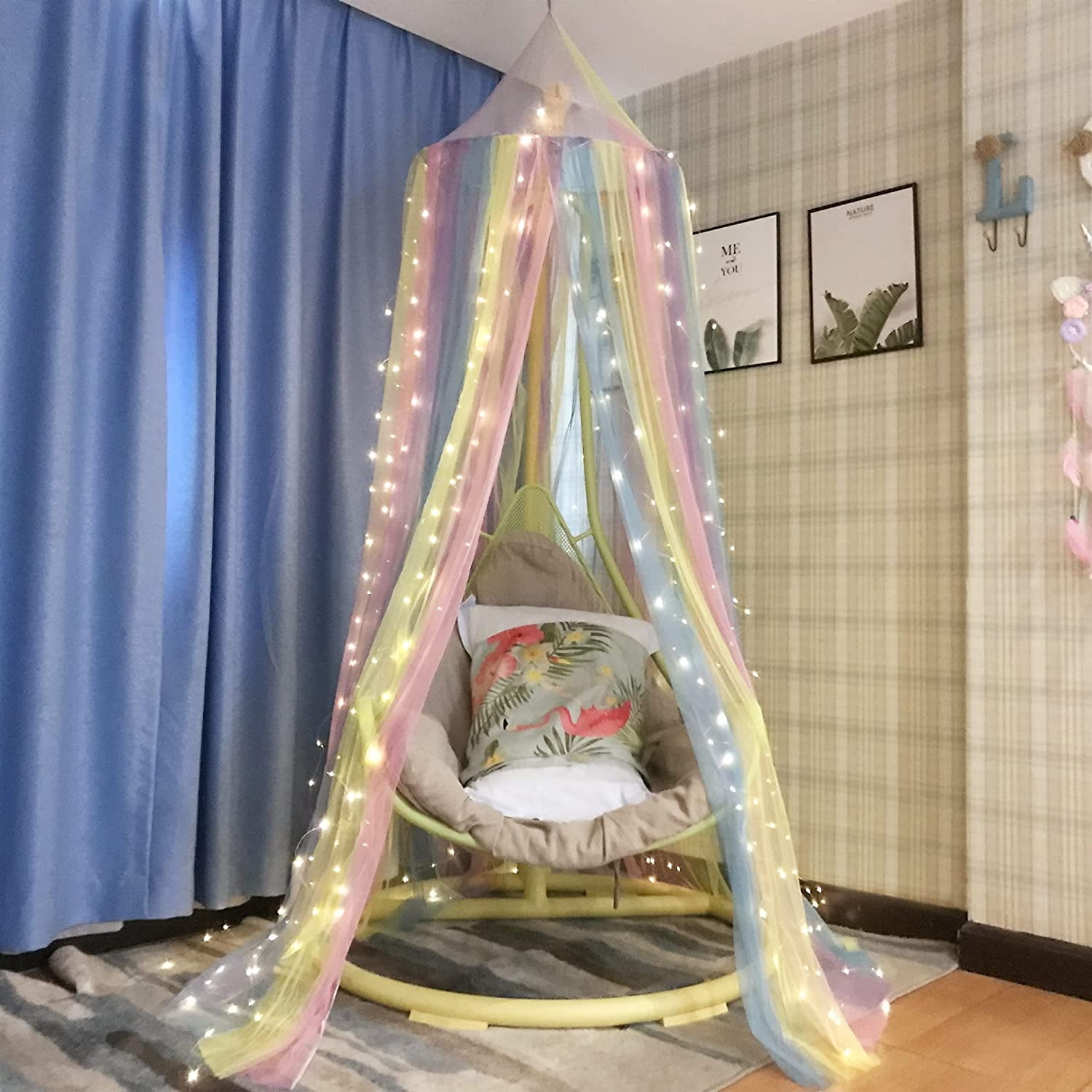 Princess Rainbow Bed Canopy with 250pcs Warm White Curtain Lights, Bed Canopy for Girls Room Decor or Unicorn Theme Party
