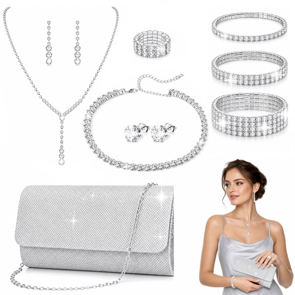 Evening Clutch Purses, Silver Rhinestone Jewelry Set for Women, Shiny Jewelry Accessories for Evening Party Bride Wedding