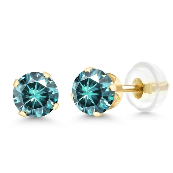 Gem Stone King 14K Yellow Gold Stud Earrings for Women Men Blue Round Moissanite 1.00cttw