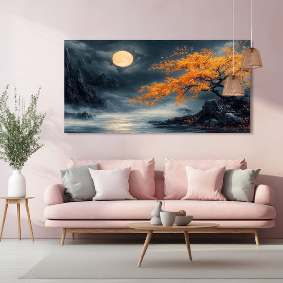 48x24 Inch Framed Canvas Print Autumn Tree Moon Landscape Art Wall Decor for Living Room Bedroom Home Decoration