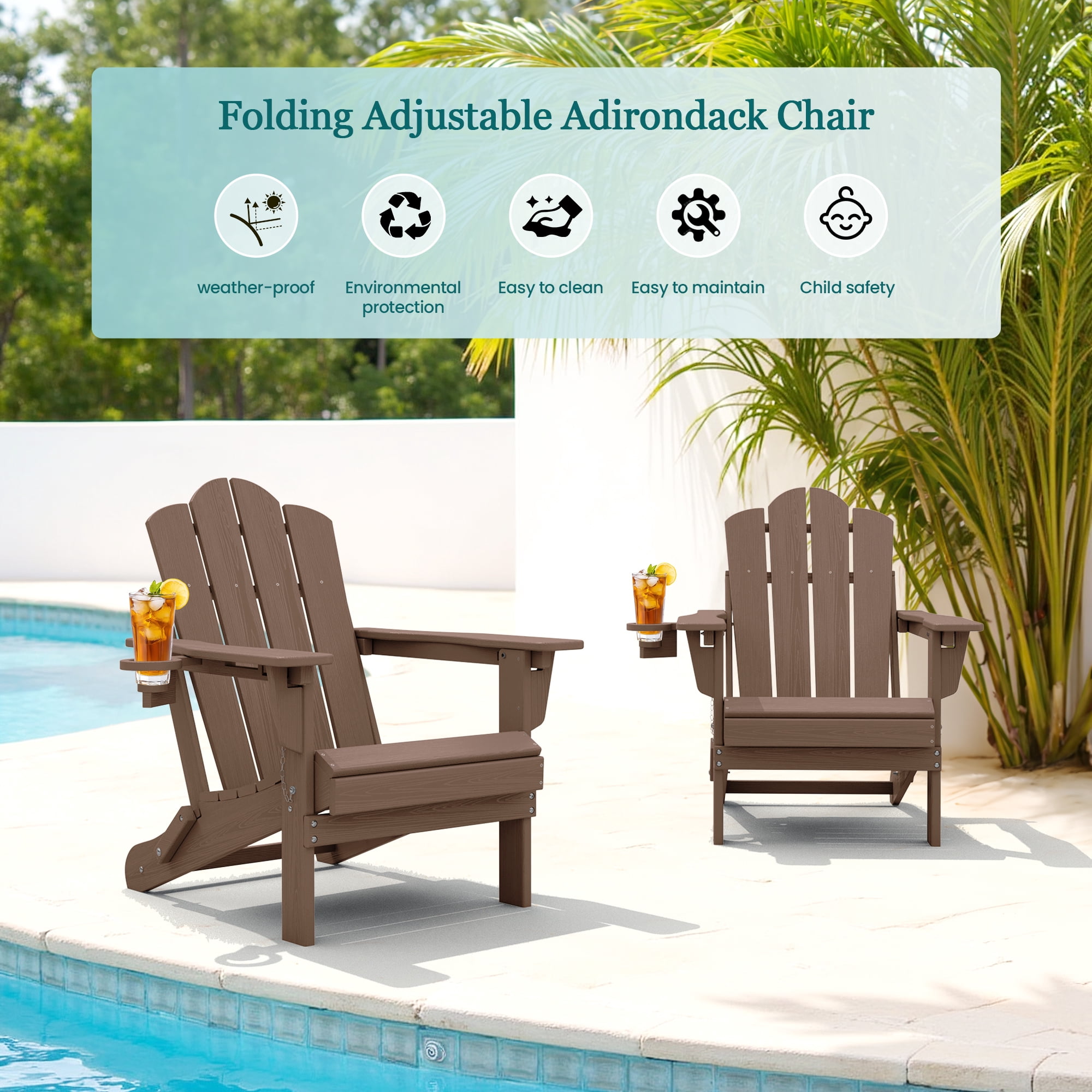 KINGYES Folding Adjustable Adirondack Chairs Set of 4, All Weather Use Reclining Adirondack Chair, HDPE Adirondack Outdoor Chair - Brown