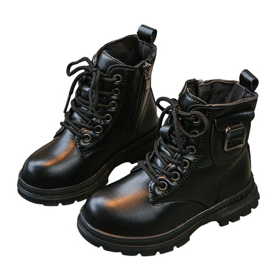 Girls Winter Combat Boots Fashion Buckle Lace up Side Zipper Waterproof Lug Sole Warm Kids Ankle Booties Black 10 Little Kids