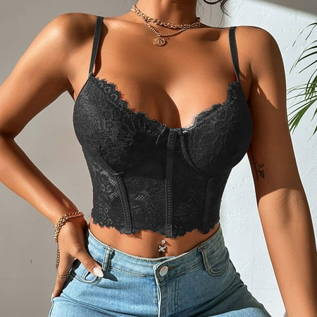 

QWANG Corset Top Bustier Tops For Women Spaghetti Adjustable Cami Crop Tank Lace Ladies Sexy Sheer Crop Bralette Tops