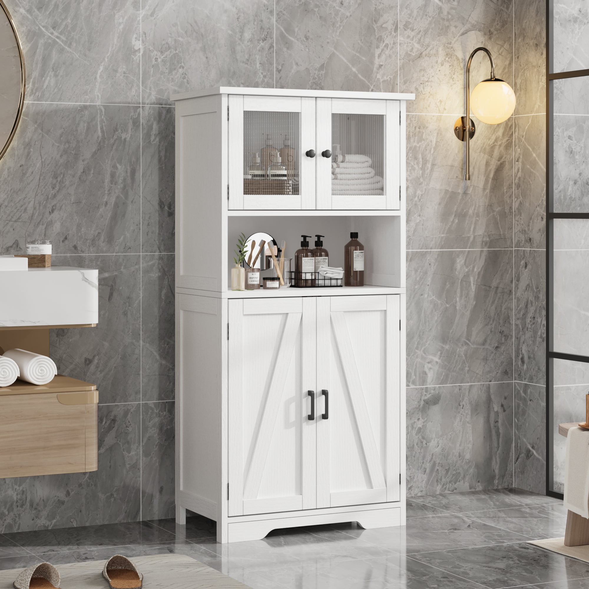 54-Inch Tall Storage Cabinet Hutch Bar Cabinet with Glass Doors and Adjustable Shelves, Wooden Kitchen Pantry Storage Cabinet for Living Room and Dining Area