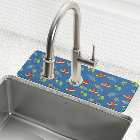 Yayeee Faucet Mat for Kitchen Sink 14.7" Diatomite Long Splash Guard Pad, Blue Cartoon Galaxy