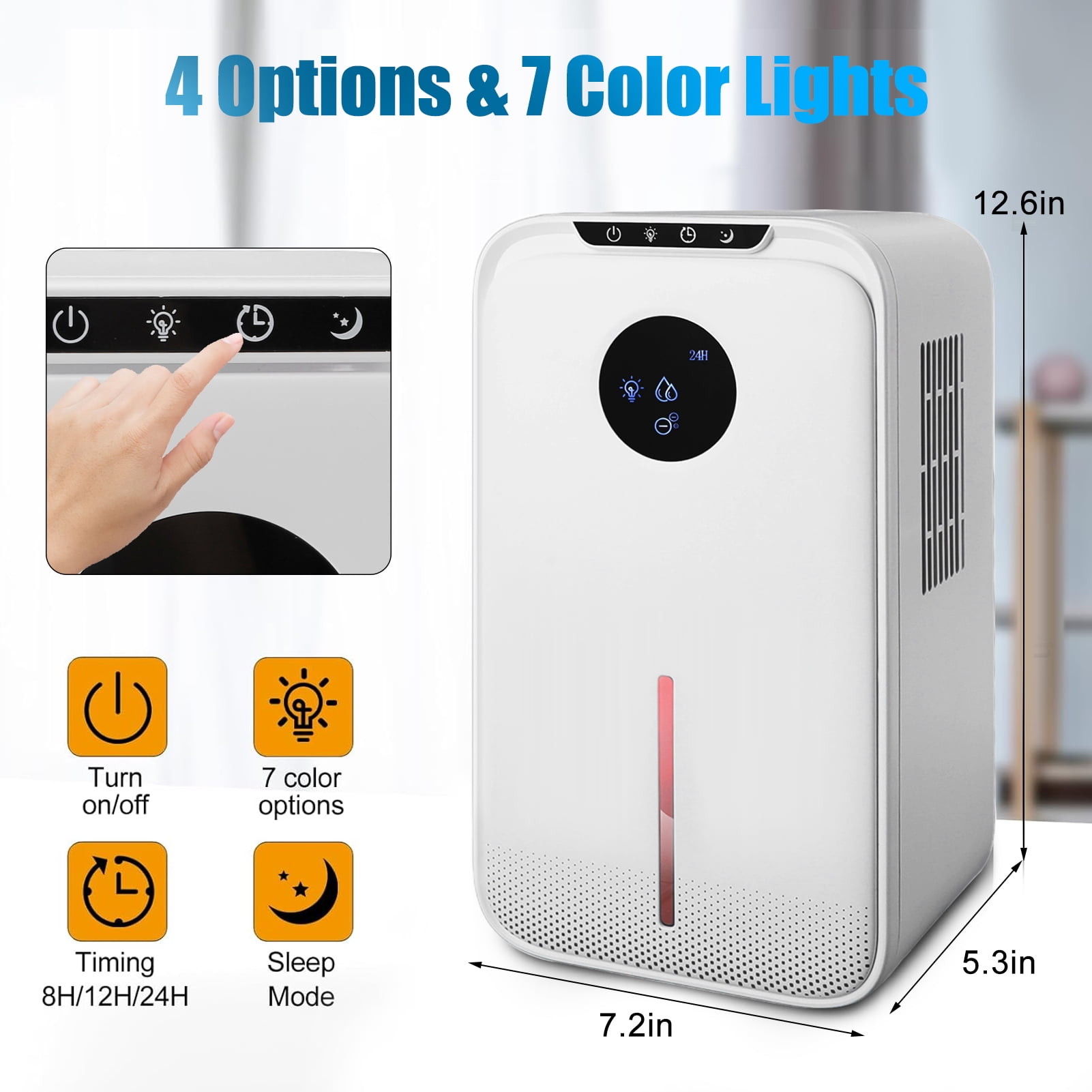 Fyydes 8-Pint Protable Dehumidifier Covers 800 Sq.Ft with Colorful Night Light & Drain Hose,0.66 Gallon Water Tank,2  Modes,24H Timer,Portable Dehumidifier for Basement/Bathroom/Laundry Room