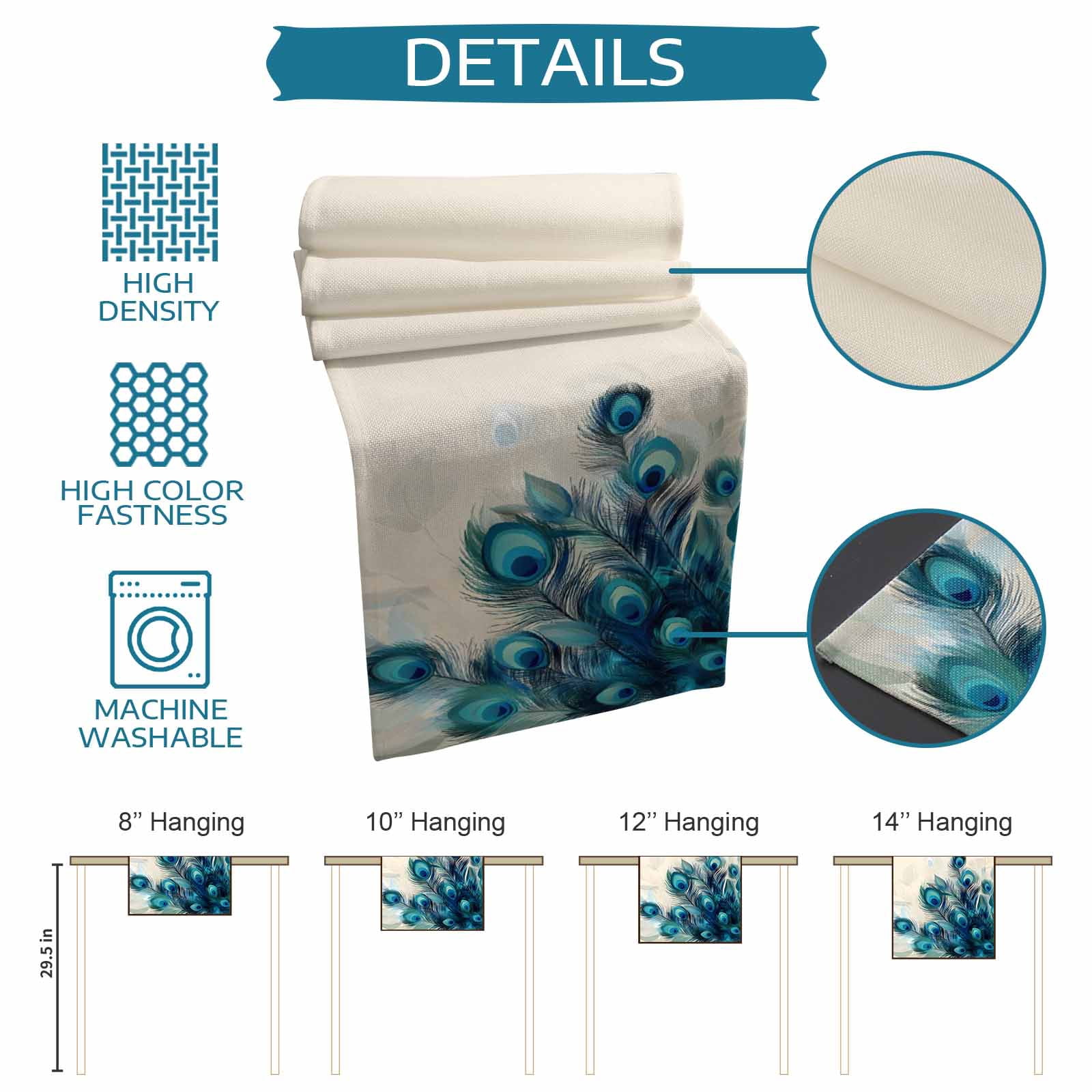 Table Runner Teal Peacock Feather Table Decoration for Kitchen Dinning Green Table Decoration for Indoor Outdoor Party Wedding Decor 13x90 Inch