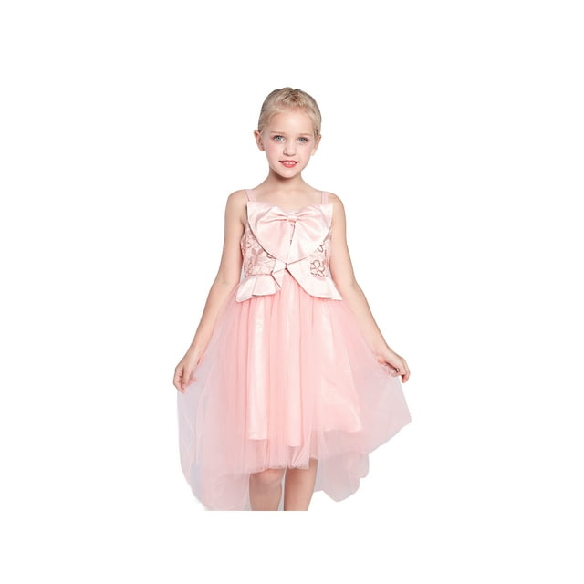 Flower Girl Dress Blush Pink Bow Tie Hi-Low Wedding Party 12 Years