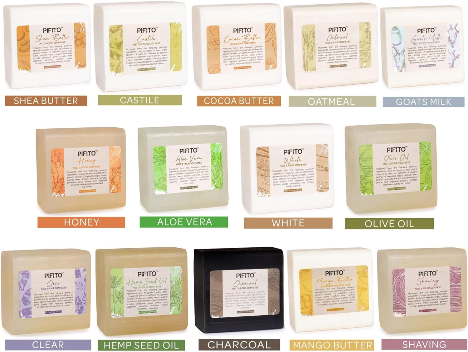 Pifito Melt and Pour Soap Base Sampler (7 lbs) │ Assortment of 7 Bases (1lb ea) │ Argan Oil, Avocado Oil, Castor Oil, Charcoal, Tea Tree Oil, Goats Milk, Aloe Vera │ Glycerin Soap Making Supplies