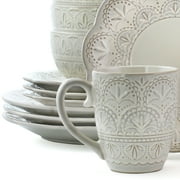 Elama White Lace 16 Piece Round Scallop Stoneware Dinnerware Set in White