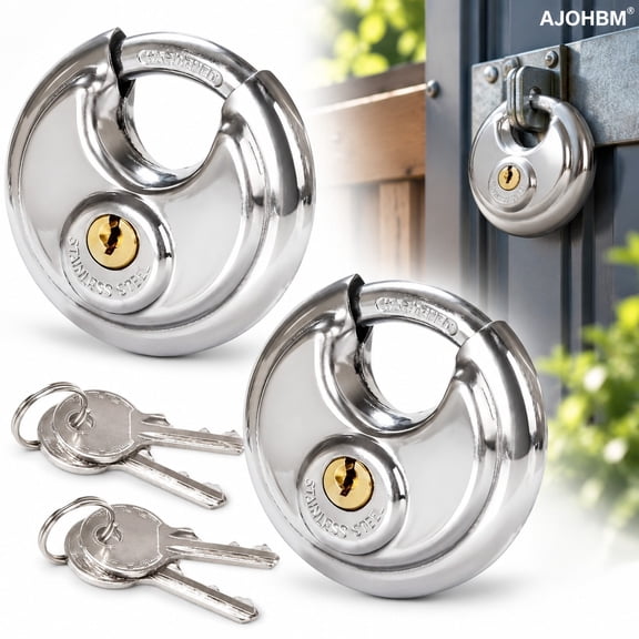 AJOHBM 2-Pack Heavy Duty Stainless Steel Round Padlock with Keys | 60mm Disc-Style Security Lock for Storage Lockers, Sheds, Garages, Trailers & Outdoor