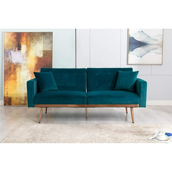 63" Accent Sofa, Mid Century Modern Velvet Fabric Couch, Convertible Futon Sofa Bed ,Recliner Couch Accent Sofa Loveseat Sofa with Gold Metal Feet (Teal)
