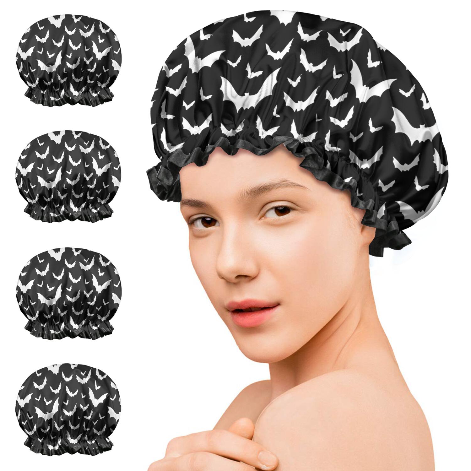 Shower Caps,Black Halloween Bat Silhouettes Waterproof Shower Cap for Women 4 Pieces,Double Reusable Hair Cover for Shower PEVA Elastic Stretch Hem
